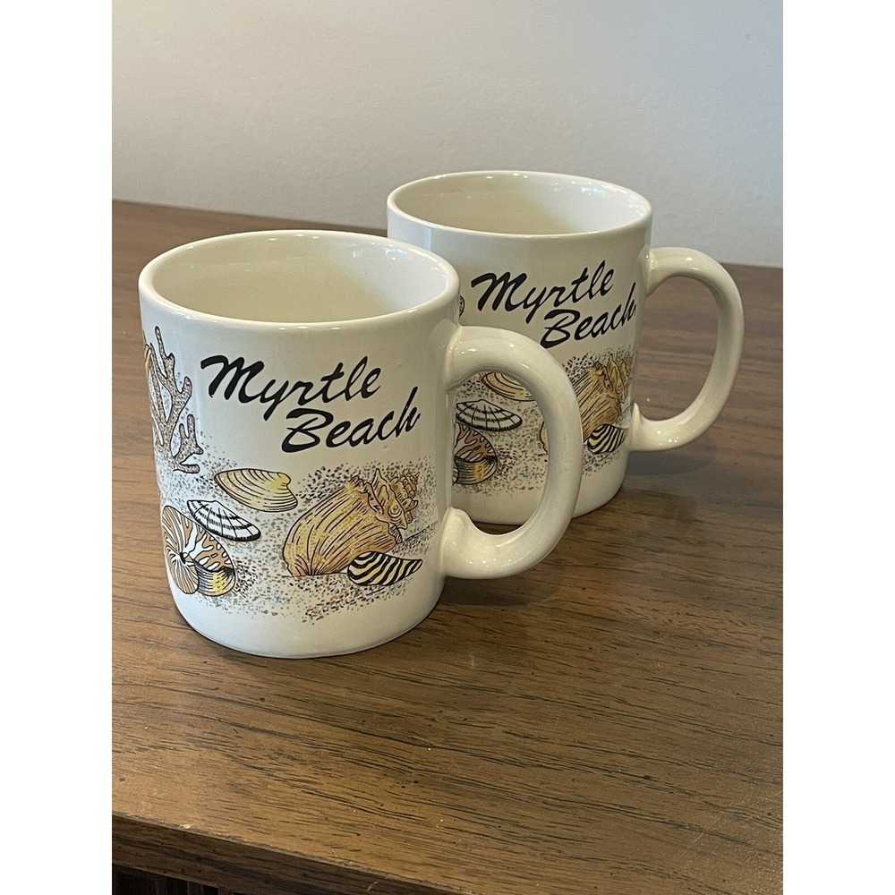 VTG Myrtle Beach Ceramic Coffee‎ Mugs Lot of 2 Souvenir Sand & Seashells Retro
